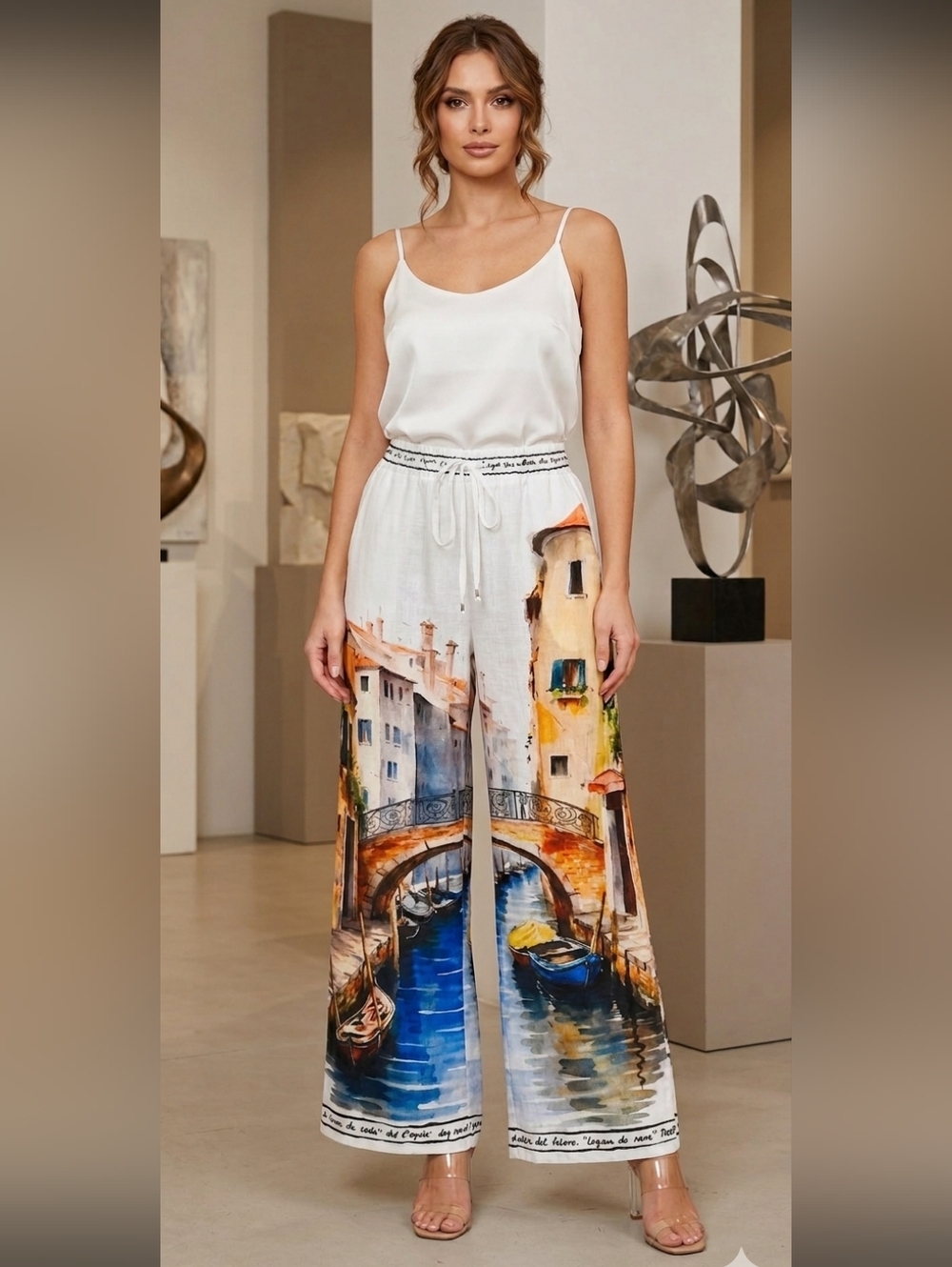 Sold Made In Italy 100% Cotton White Palazzo Pants with Scenic Print